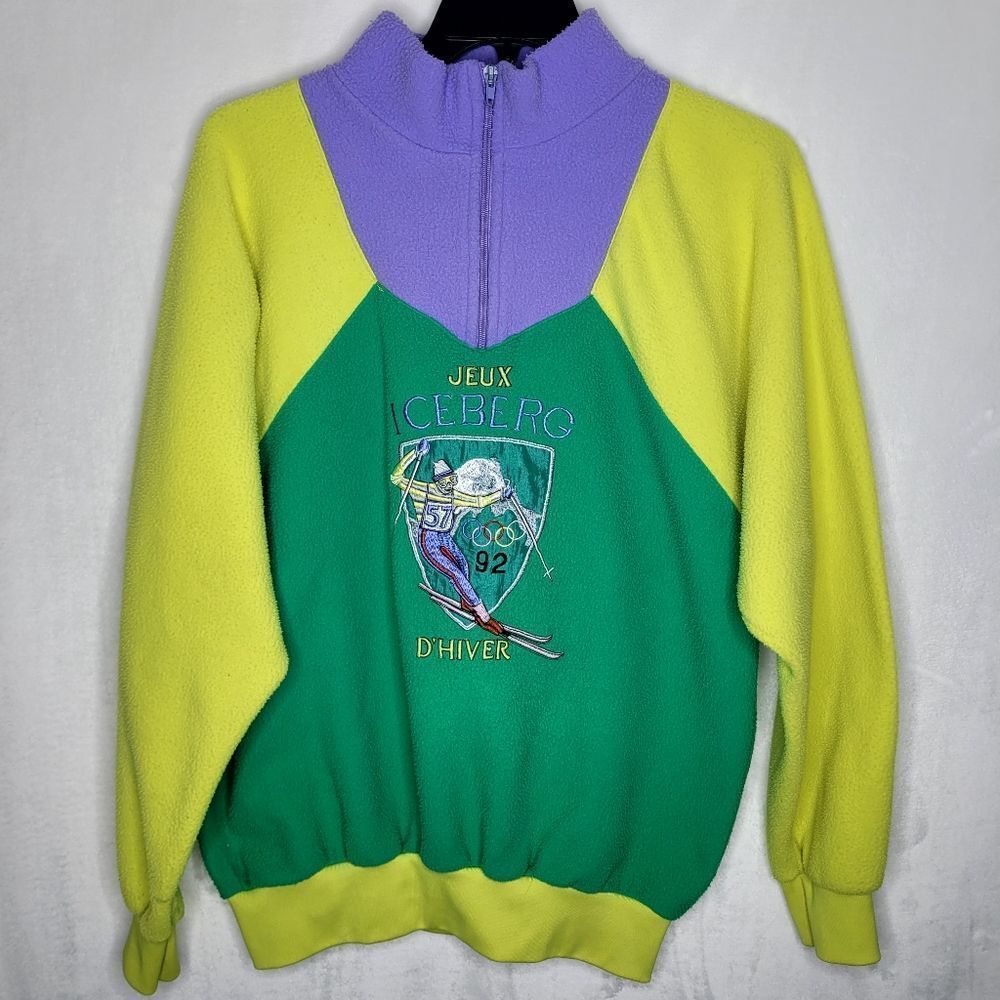 Vintage 1992 Olympic Jeux Iceberg D'Hiver Fleece Pullover‎ Colorblock Sweater